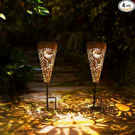 DIBIEECN 4 Pack Sun and Moon Solar Garden Pathway Lights Outdoor,Metal Garden Decorations Outdoor Lights with Patterns and Warm Light,Waterproof Landscape Lighting for Path Patio Backyard Yard