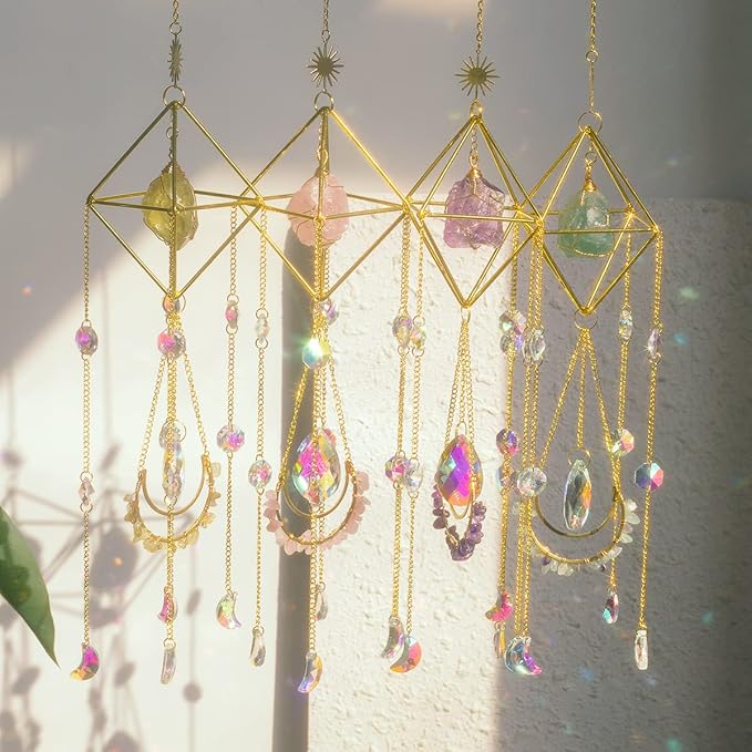 Citrine Crystal Suncatchers Boho Decor, Light Catcher Hanging, Unique for Moms, Glass Rainbow Maker, Crystal Window Hanging, Natural Gemstone (Citrine)