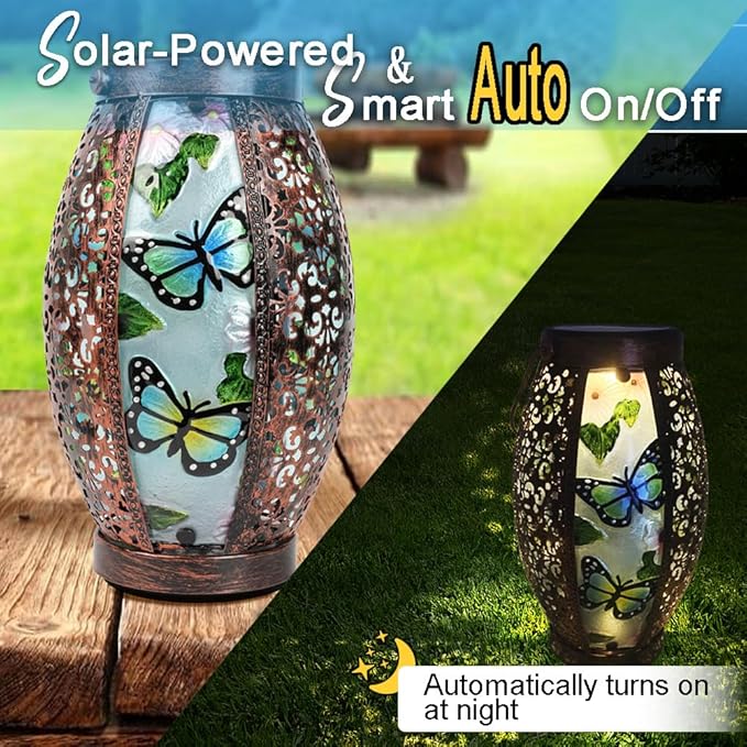 Butterfly Solar Lanterns Glass & Metal Hanging Light Outdoor Waterproof Tabletop Lamp with Hollowed-Out Design for Garden Patio Table Decor