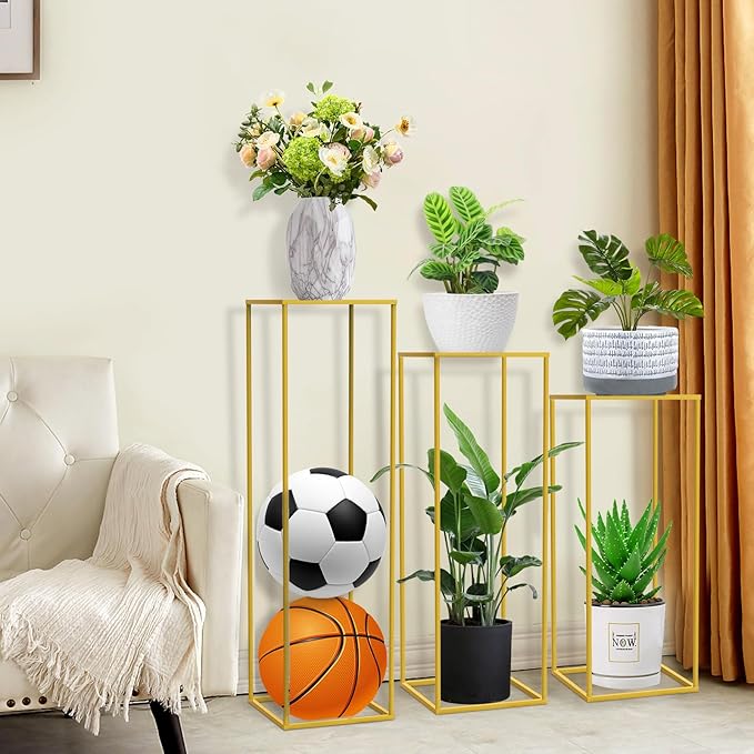 chamvis Gold Metal Plant Stand, 3 Pcs Tall Cylinder Pedestal Stands for Parties and Weddings, Gold Square Cylinder Tables for Living Room and Patio Decor