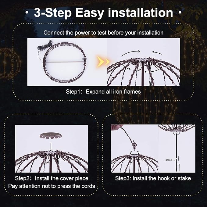 Christmas Ball Light Sphere, 10IN 48LED Hanging Tree Light and Pathway Lights with Hook and Stake, Foldable Metal Frame Light Ball for Outdoor Garden, UL Listed, Brown Frame, Warm White