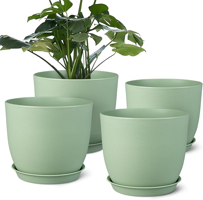 Plant Pots 8 Inch Set of 4, Flower Pots with Multi Mesh Drainage Holes, Planters for Indoor Outdoor Garden Plants and Flowers（Green）