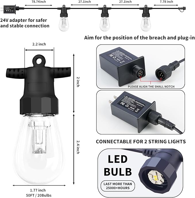 Outdoor String Lights 100FT, Outdoor Lights for Patio with 40 Dimmable RGBW LED Bulbs, IP66 Waterproof Shatterproof, with APP Control & Remote, 24V Adapter Color Change,for Backyard Decor