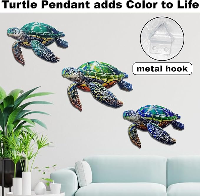 John's Studio 3Pcs Metal Turtle Sea Wall Decor Outdoor Garden Hanging Art Sculptures Home Ocean Theme Decorations for Kitchen Bathroom and Pool