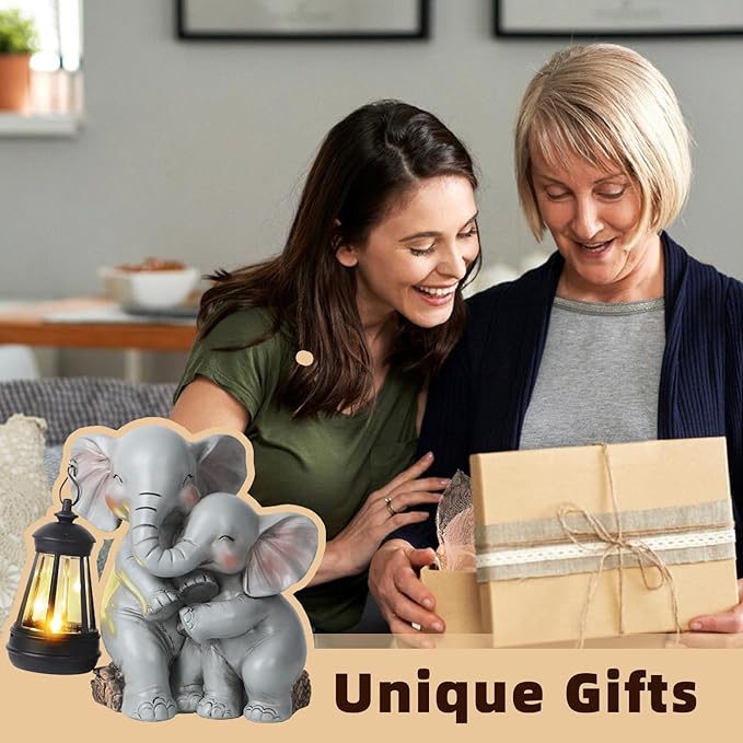 Solar Garden Decor - Mother Baby Elephant Statue with Solar Lantern 7" Resin Elephant Figurines Outdoor Yard Porch Lawn Patio Decor Housewarming Birthday Gift for Mom Grandma Women