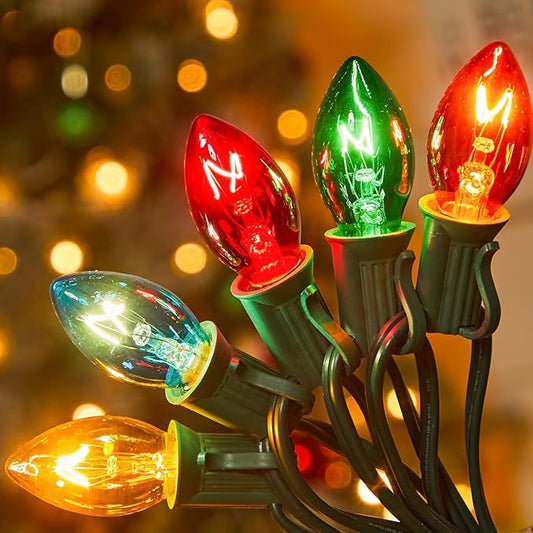 C7 Christmas Lights Outdoor 50 Feet Multicolor Christmas String Lights Green Wire for Room Roofline House Garden Patio Backyard Cafe Party Xmas Home Decorations, 50 Clear Bulbs