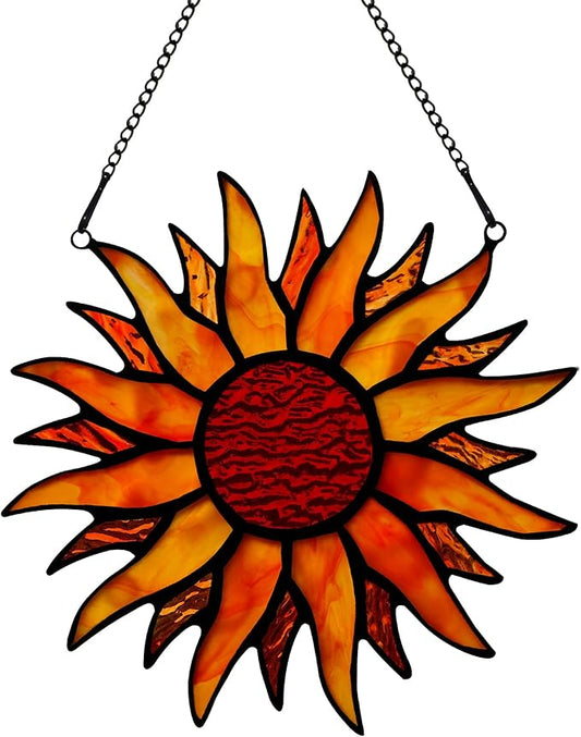 BOXCASA Sun Stained Glass Window Hangings,Tiffany Style Red Sun Suncatcher,Handcrafted Stained Glass Sun Decor for Window,Home Decorations for Window Living Room Bedroom Balcony Kitchen