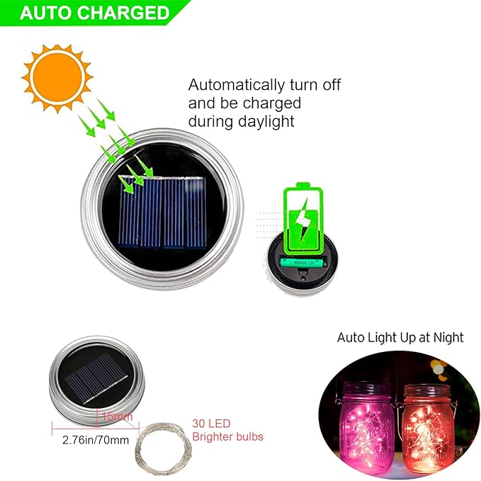 ANGMLN Solar Mason Jar Lights Lids, 10 Pack 30 LED Solar Fairy Lights for Regular Mouth Mason Jars, Outdoor Hanging Mason Jar Lights for Garden Yard Decor, Wedding Christmas Gifts (Jars Not Included)