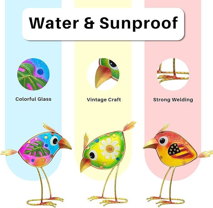 Garden Decor Metal & Glass Bird Decor for Indoor & Outdoor Set of 3 Birds, Lawn Ornaments for Patio Yard Porch, Outdoor Statue Decorations