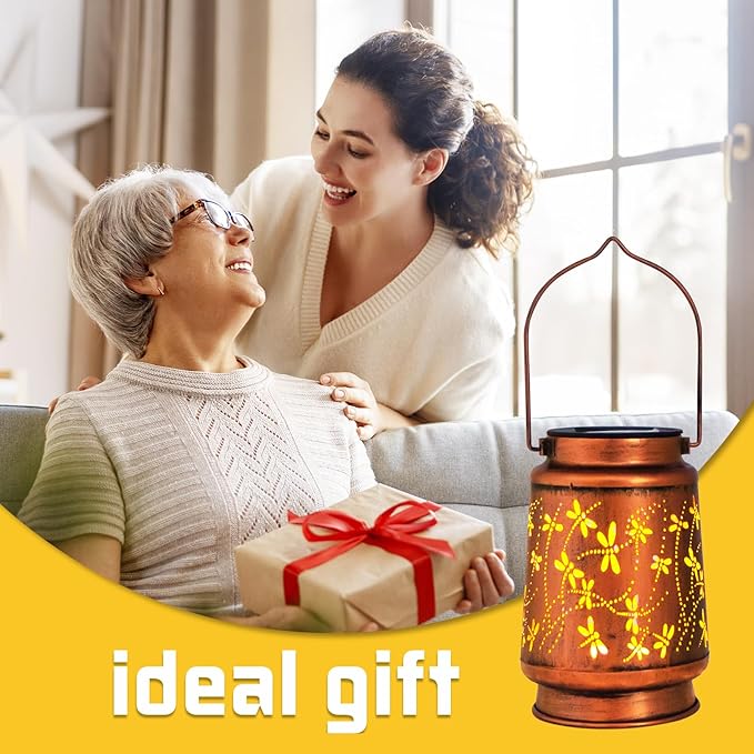Dragonfly Solar Lanterns Outdoor Hanging, Hollowed-Out Metal Waterproof LED Garden Decor Light for Patio Yard Pathway Lawn Front Porch Tree, Christmas Thanksgiving Birthday Gifts for Women Mom Grandma