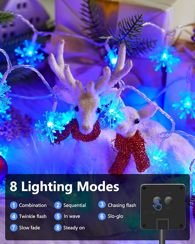 Brightown Solar Christmas Snowflake String Lights 100 LED 39 FT Outdoor Waterproof Fairy Lights with 8 Lighting Modes for Wedding, Party, Tree, Room, Garden, Patio, Yard, Home, Blue