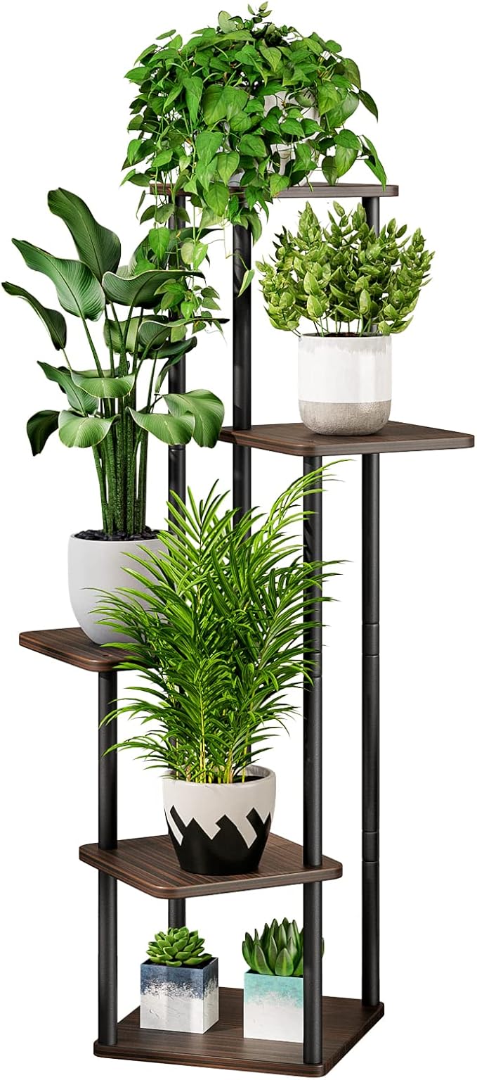 AZERPIAN Plant Stand 5 Tier Indoor Metal Flower Shelf for Multiple Plants Corner Tall Flower Holders for Patio Garden Living Room Balcony Bedroom, Black Oak (5 Tier-Black Oak)