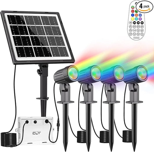 CLY 4-in-1 Solar Spot Lights Outdoor Color Changing, Solar Landscape Spotlights RGB Lighting IP66 Waterproof 45.93ft Cable Auto ON/Off Adjustable Garden Spotlight for Yard, Garden, Pool, Lawn, Statue