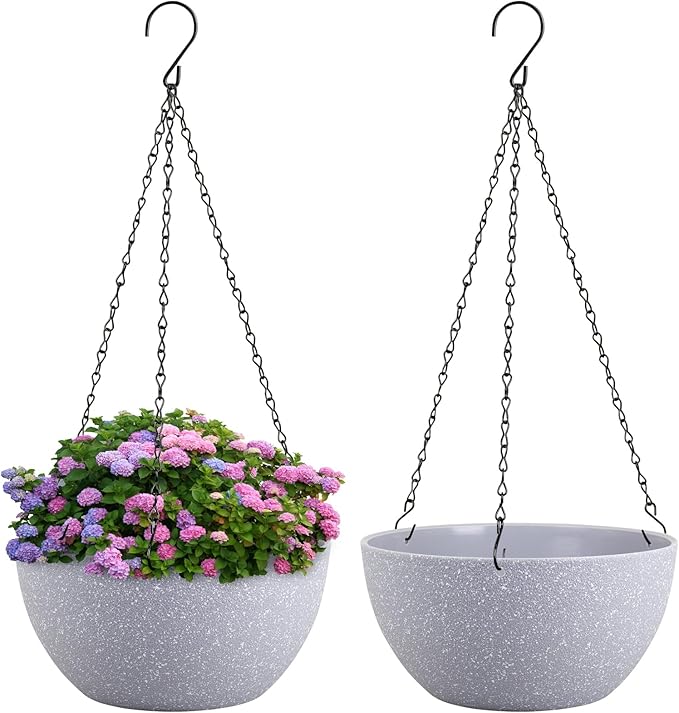 8 inch Small Hanging Planters for Indoor Outdoor Plants, 2 Pack Hanging Flower Pots with Drainage Holes and Chain for Garden Porch, Plastic Hanging Baskets for House Plants, Speckled Grey