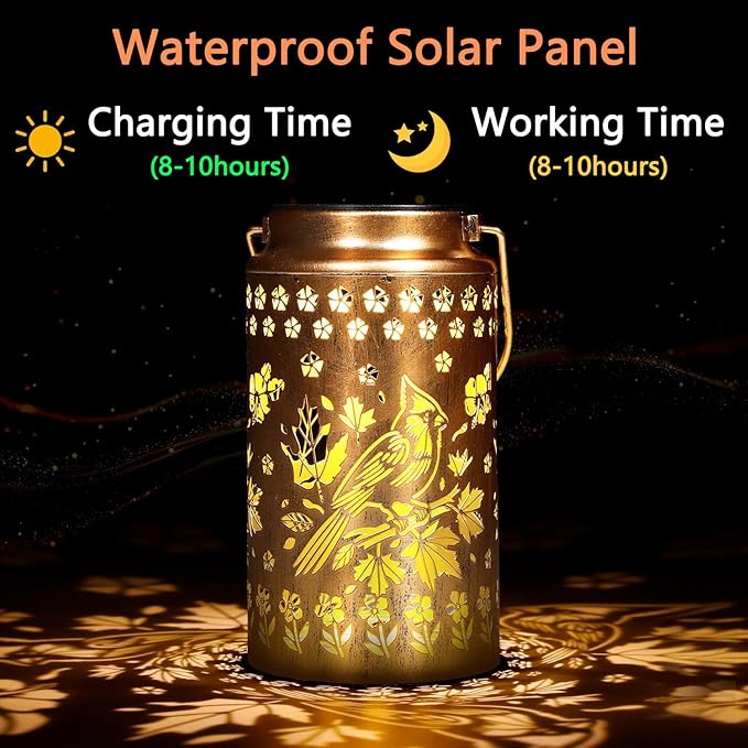 Cardinal Solar Lanterns Outdoor Waterproof, Metal Hanging Lights Decorations for Garden Yard Lawn Patio, Unique Cardinal Gifts for Women Mom Grandma Gardener for Mother'Day Christmas
