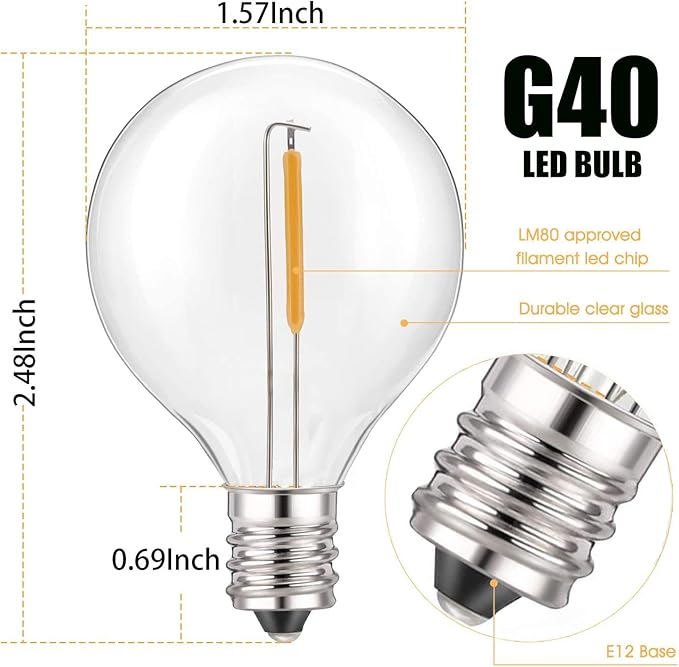 GOOTHY 50Ft LED String Lights, G40 LED Outdoor String Lights with 22 Shatterproof Globe LED Bulbs (2 Spare), Indoor/Outdoor Decoration String Lights for Patio Garden Bistro Backyard -White Wire