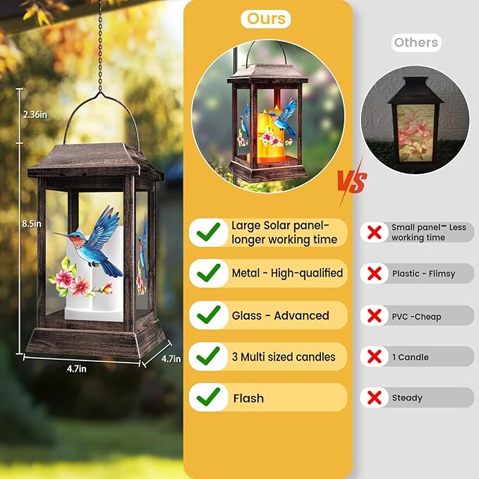 Solar Lanterns, Hummingbird Outdoor Hanging Lanterns, Metal Solar Lights, Gardening Gift for Mom Women Mother's Day, Garden Decor for Outside Porch Table Patio Yard, Grave Decorations for Cemetery
