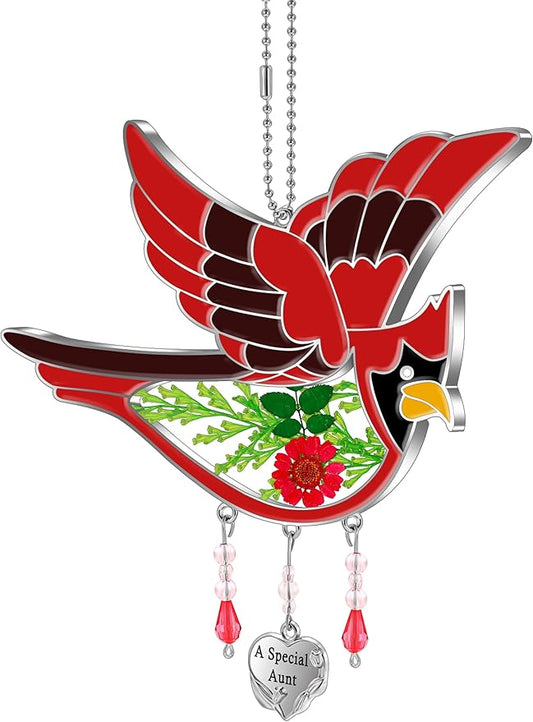 KY&BOSAM Cardinal Suncatcher A Special Aunt Had-Painted with Pressed Real Flower Wings Mother's Day Glass Hanging for Window Ornament with Metal Heart Charm Birthday Gift for Women Unique