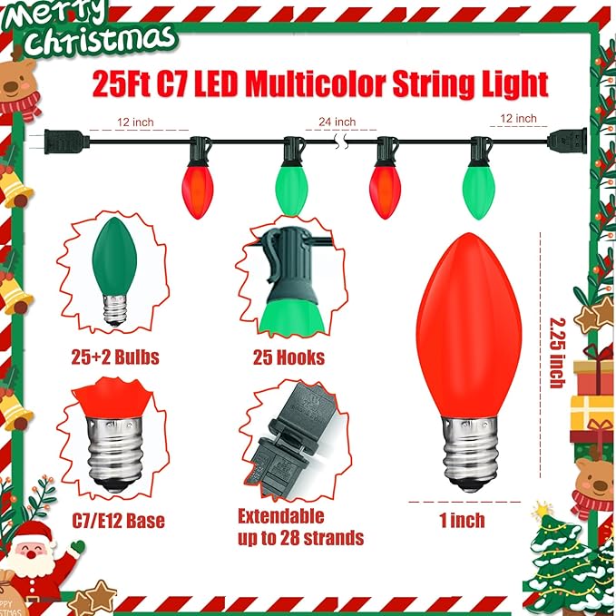 C7 LED Red and Green Christmas Lights, 25Ft Outdoor Christmas String Lights with 27 LED Red and Green Plastic Bulbs, Vintage Christmas Lighst for Outside Patio Backyard Tree Cafe Party House Decor