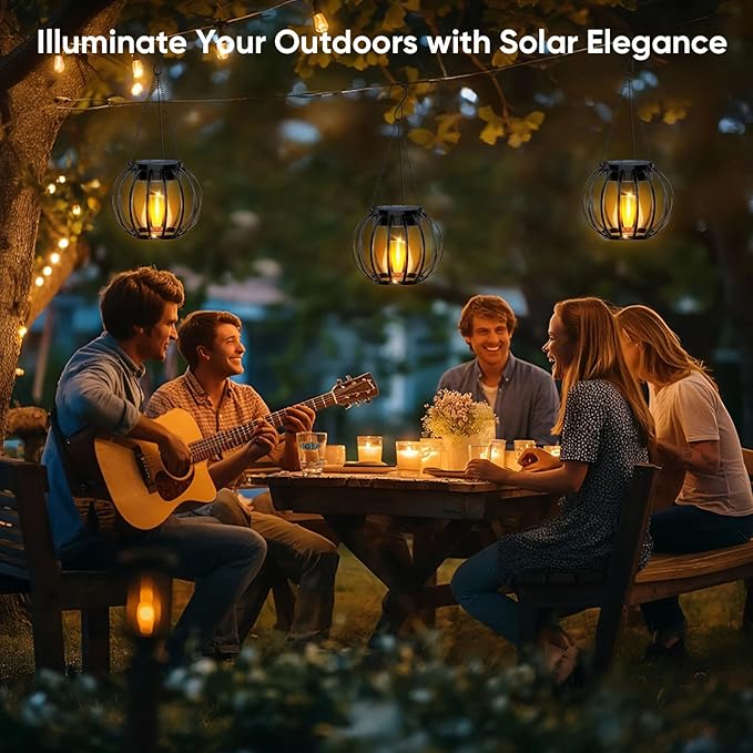 Solar Lanterns Outdoor Waterproof: 2 Pack Solar- Powered Metal Hanging Lights for Patio Garden Porch Yard - Weatherproof Auto On/Off Bright LED Decorations - Gardening Gifts for Women Mom