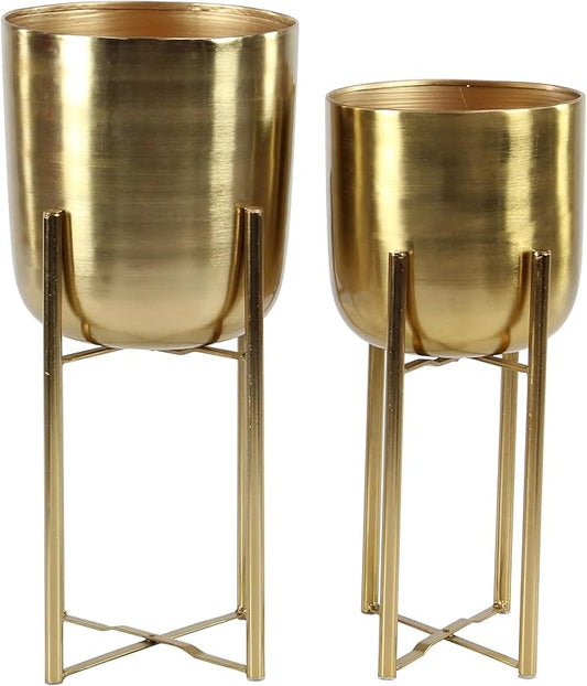 CosmoLiving by Cosmopolitan Metal Indoor Outdoor Planter Dome Large Planter Pot with Removable Stand, Set of 2 Planters 19", 22"H, Gold