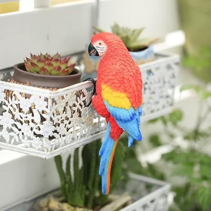Realistic Parrot Sculpture Resin Hanging Parrots Garden Statues Lifelike Bird Figurines Landscape Ornament Patio Yard Lawn Figurine Tree Decor, Outdoor Garden Wall Statues (Red)