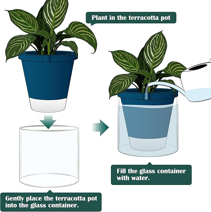 D'vine Dev 10 Inch Design Self Watering Planter for Indoor Plants, Blue Terracotta Pot with Cylinder Glass Cup, 37-X-D-4