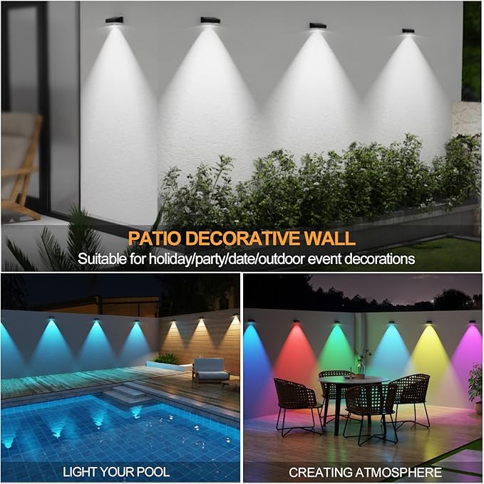 Solar Powered Outdoor Lights Waterproof IP65 Solar Fence Lights Outside Multicolor Led 12 Fixed Colors ＆RGB Color Changing for Pool, Deck, Patio, Porch, Stairs, Holiday Decorations (2)