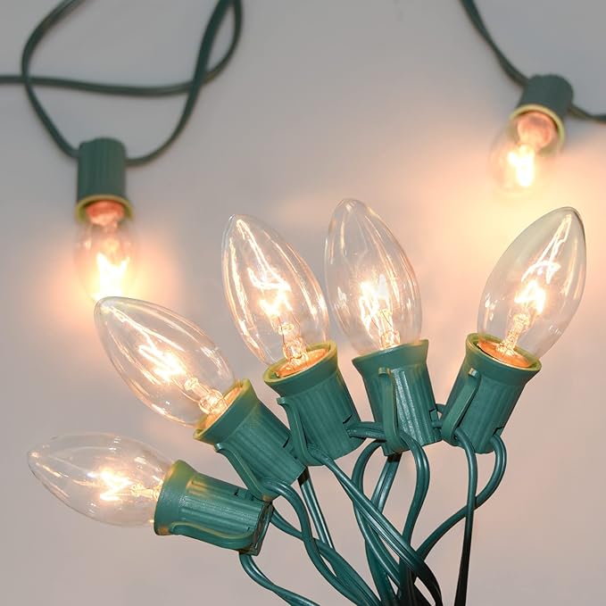 Vintage C9 Christmas Lights, 25 Feet C9 String Lights for Christmas Tree Holiday Party Indoor Room Outdoor Roofline Backyard Garden Patio Cafe Home Xmas Decoration, Warm White Light, Green Wire