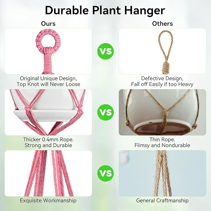 USLAI Macrame Plant Hanger Indoor Outdoor, Up to 4-15 inch Pot, Heavy 20lb Planters, Extra Long Strong Hanging Planter Basket Holder, Boho Home Decor, 35+49 Inch, Pink (POTS NOT Included)