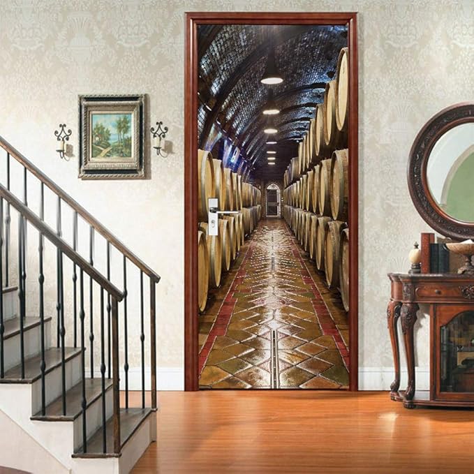 3D Door Stickers Murals Peel and Stick - Wine Cellar Wallpaper Self-Adhesive Decals - Removable PVC Waterproof Poster for Bedroom Living Room 31.5" x 78.7"