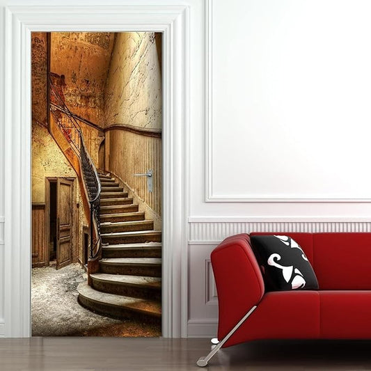 3D Door Stickers Murals Peel and Stick - Old Stairs - Door Wallpaper Self-Adhesive Door Decals Removable PVC Waterproof Door Poster for Bedroom Living Room Door 33.9" x 78.7"