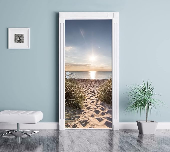 3D Door Stickers Murals Peel and Stick - Beach Path - Door Wallpaper Self-Adhesive Door Decals Removable PVC Waterproof Door Poster for Bedroom Living Room Door Decoration 37.4" x 84.6"