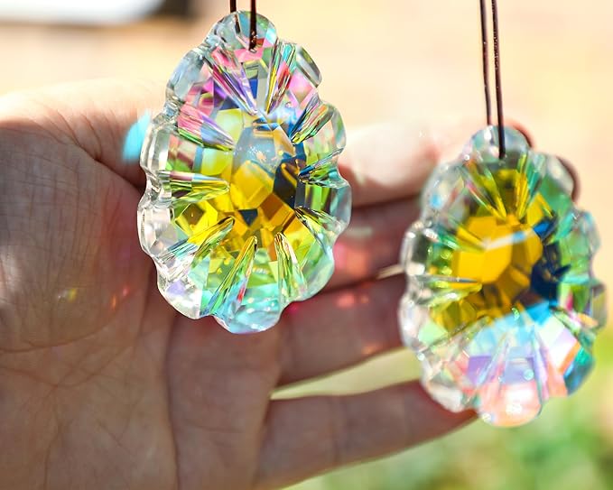HDCRYSTALGIFTS Set 2 Crystal Sun Catchers for Window Protect Bird Strike, AB Colored 76mm Hanging Ornaments for Windows Rainbow Prism Suncatchers Garden Home Decor