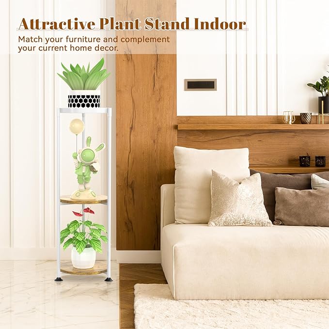 KMOTASUO 3 Tier Tall Plant Stands Indoor, 34 Inch Metal Wood Corner Plant Stand for Indoor Plants, Round Flower Pot Holder Shelf Display Rack for Balcony Garden Patio Living Room(White)