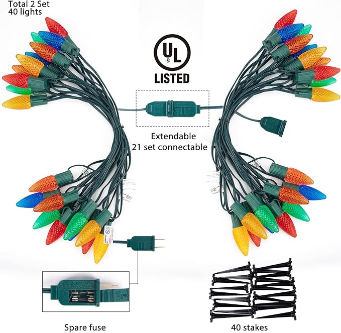 C9 Christmas Pathway Lights Outdoor, 25.7 Feet 20 LED C9 Strawberry Walkway Lights with Marker Stakes, Connectable Shatterproof C9 String Lights for Outside Yard Decorations, Multicolored, 2 Pack