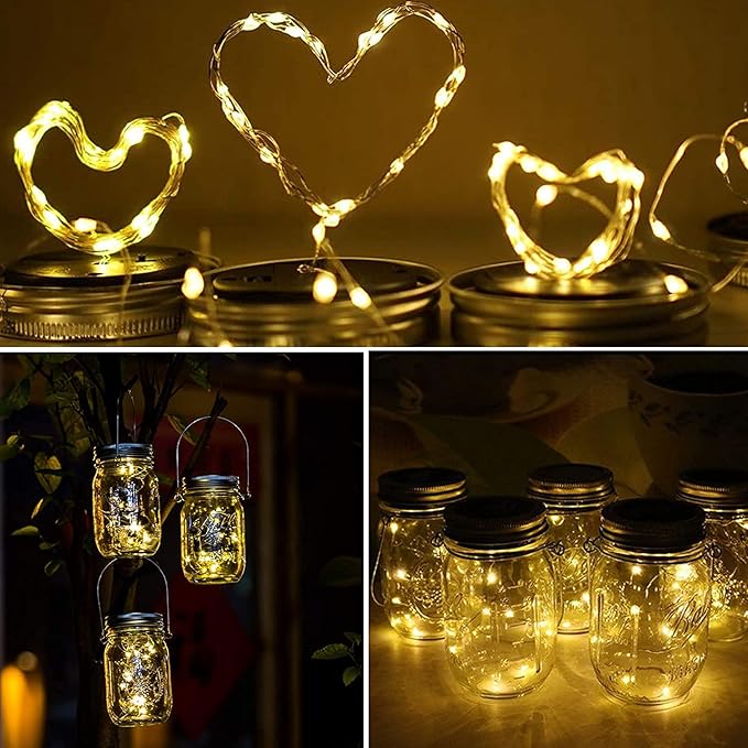 Solar Mason Jar Lid Lights 12 Pack 30 LED Firefly Fairy String Lights, Waterproof Outdoor Solar Lights with Hangers for Regular Mouth Jars (No Jars Included)