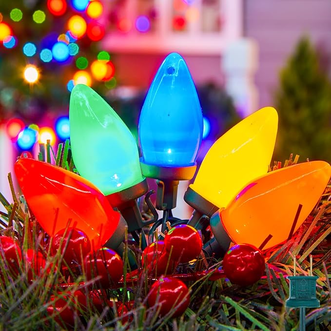 Brightown C9 LED Christmas String Lights, 66ft Multi-Color Outdoor Lights String with 100 Smooth Opaque Bulbs, Plug-in Vintage Roofline Lights String for Outside Patio Christmas Holiday Decor