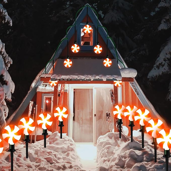 Joiedomi Set of 14 Christmas Lollipop Pathway Lights Outdoor with Stakes and Clips, 14.3 FT Plug in Peppermint Walkway String Lights for Christmas Decoration, Yard, Pluggable, Hangable, Waterproof