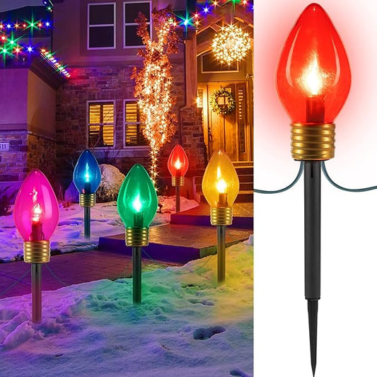 Christmas Lights Jumbo C9 Outdoor Lawn Decorations with Pathway Marker Stakes, 8.5ft C7 Lights Covered Jumbo Glitter Multicolor Bulb for Holiday Outside Yard Garden Decor, 5 Lights