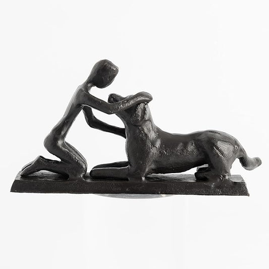 Boy and Dog Statue, Love of Dog Sculpture, Gifts for Dog Lovers, Dog Memorial Gifts for Man and Boy, Cast Iron, Black