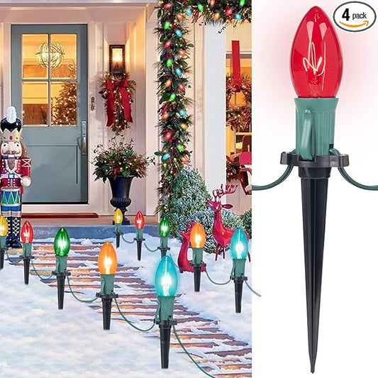 Brightown C9 Christmas Pathway String Lights Outdoor - 4 Pack Total 102.8 FT 80 Clear Lights with 80 Stakes, Connectable Waterproof Walkway Lights for Indoor Xmas Party Holiday Decoration, Multicolor
