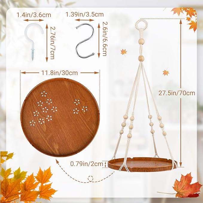 SUREAM Macrame Plant Shelf Hangers, Large Hanging Baskets for Plants with Flower CutOuts and Handmade Cotton, Indoor Outdoor Plant Hangers with Wood Tray for Garden Home Decor - No Plant/Pot Included