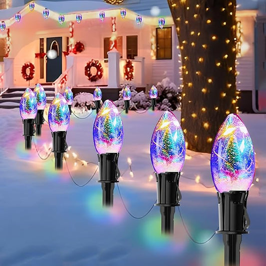Upgraded 25FT C9 Christmas Pathway Lights Outdoor, 20 LED Bulbs with Stakes, Extendable Waterproof Christmas Lights for Walkway Driveway House Garden Decorations - Multicolor