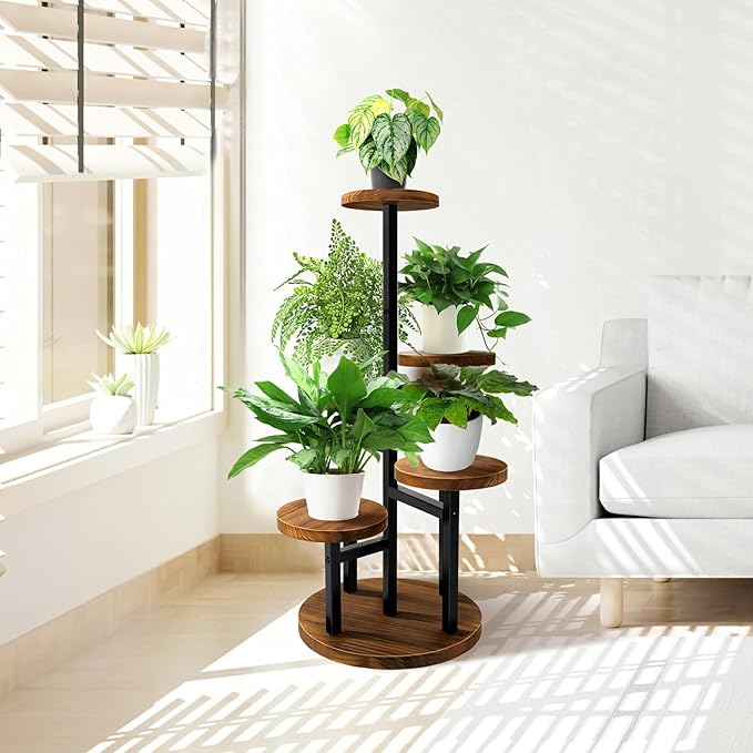 AUGOSTA 5 Tier Plant Stand, Tall Metal Wood Shelf Holder for Indoor Plants, Outdoor Garden Plant Display Rack Flower Pot Stand for Corner Living Room Balcony Garden Patio