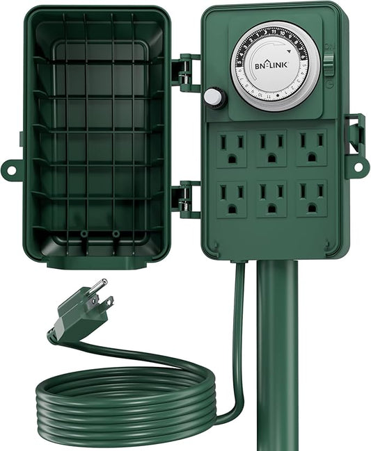 BN-LINK 24 Hour Mechanical Outdoor Multi Socket 6 Outlet Garden Power Stake with 6ft Cords, Outdoor Timer for Christmas Lights, ETL Listed, 125V, 15A/1875W