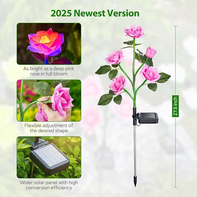 RECHOO Solar Garden Lights Outdoor Decorative, 3 Pack Solar Flower Lights with 15 Rose Flowers, Multi-Color Changing LED Waterproof Garden Decor for Patio Yard Pathway Decoration