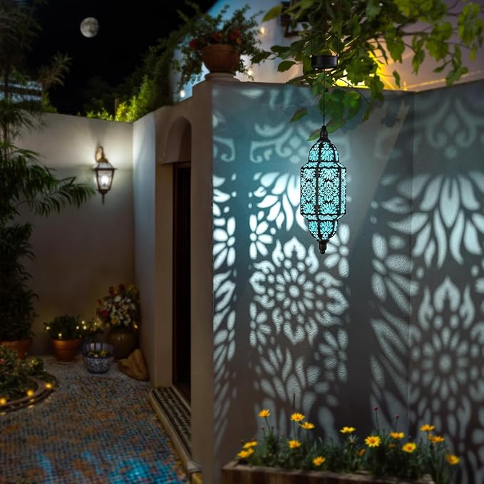 Twinkya Hanging Solar Lights Outdoor Garden Decorative Solar Lantern Waterproof Metal Moroccan Outdoor Decorations for Patio Pathway Yard Porch Backyard Garden Decor (Black, 1 Pack)