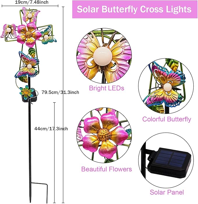 Solar Cross Garden Lights, Solar Butterfly Stake Lights Cemetery Decorations for Grave, Jesus Cross Sympathy Memorial Gifts for Mother Grandma, Metal Garden Art for Yard Lawn Patio Decor