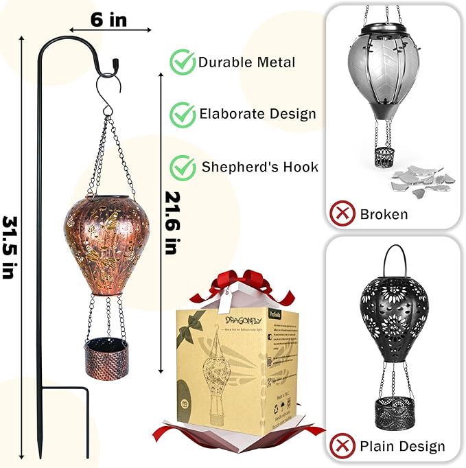 4-Pack Dragonfly Decor Hot Air Balloon Solar Lantern – Outdoor Decorative Hanging Light for Garden Yard Patio Porch Lawn and Pathway – Unique Housewarming, Birthday Gift for Women Mom Grandma